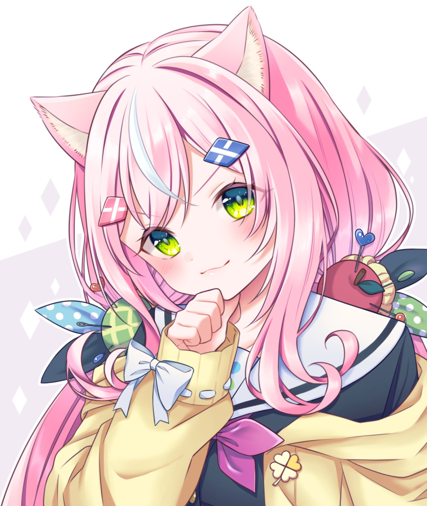 1girl, animal_ears, apple_hair_ornament, black_skirt, cardigan, cat_ears, cat_girl, food-themed_hair_ornament