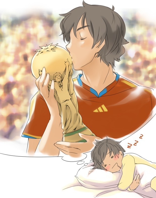 axis_powers_hetalia, dreaming, kiss, natsuyon, soccer, solo, spain_(hetalia), trophy