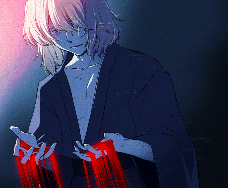 1boy, blood, blood_on_hands, blue_kimono, fujihana_(mugenpixel), japanese_clothes, kimono, loose_kimono, red_eyes, short_hair, solo, tohno_shiki_(2), tsukihime, white_hair