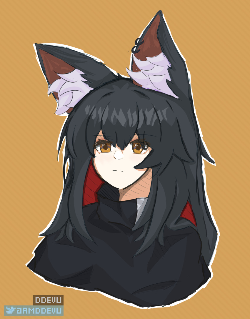 1girl, alternate_ear_size, animal_ear_fluff, animal_ears, arknights, artist_name, black_hair, black_jacket