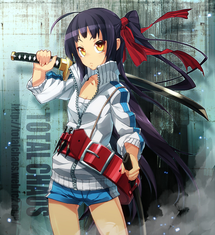 belt, blue_hair, hair_ribbon, holding, is_ii, kunai, long_hair, original
