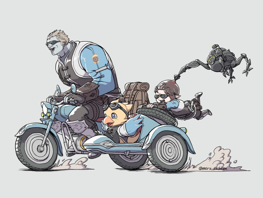 2boys, :d, alpha_(ff14), animal, backpack, bag, biggs_(ff14), bird