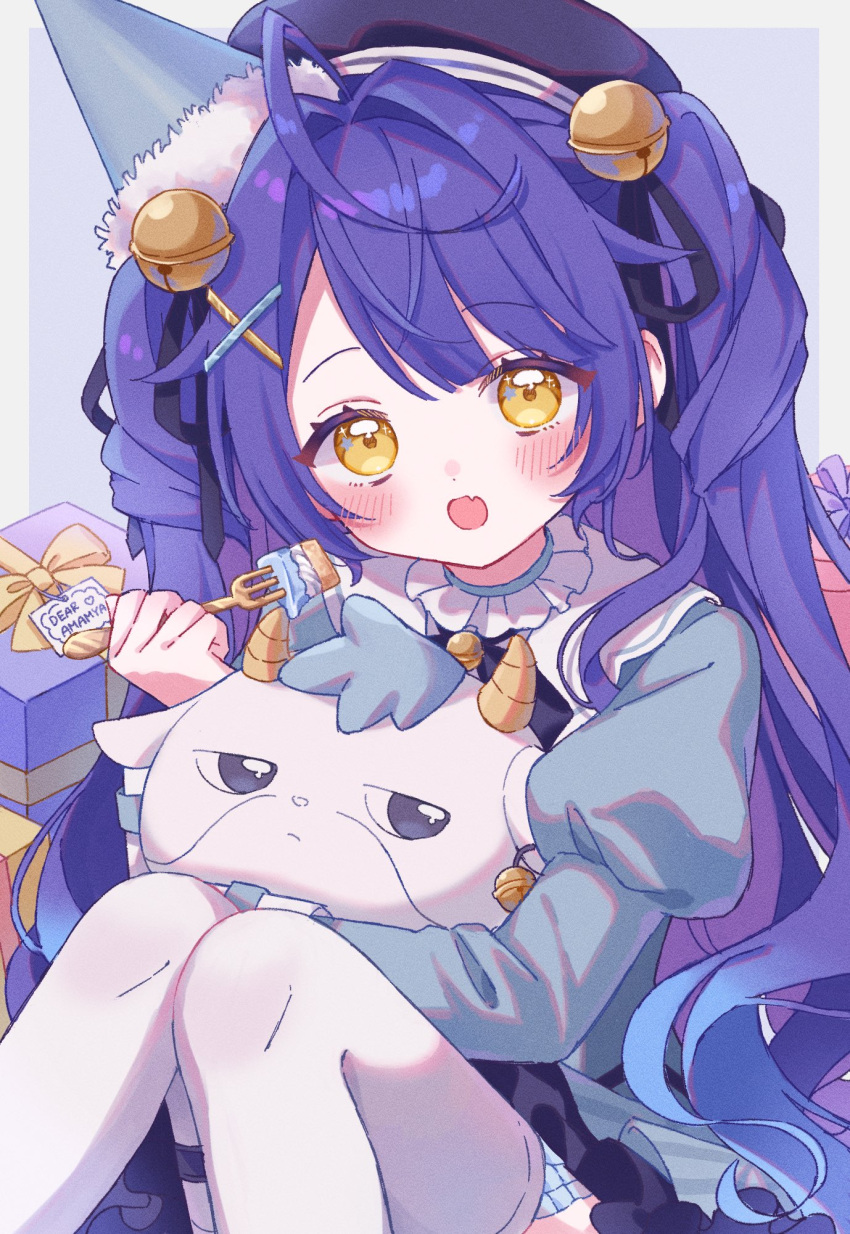 1girl, amamiya_kokoro, bell, blue_dress, blue_hair, blush, dress, fork