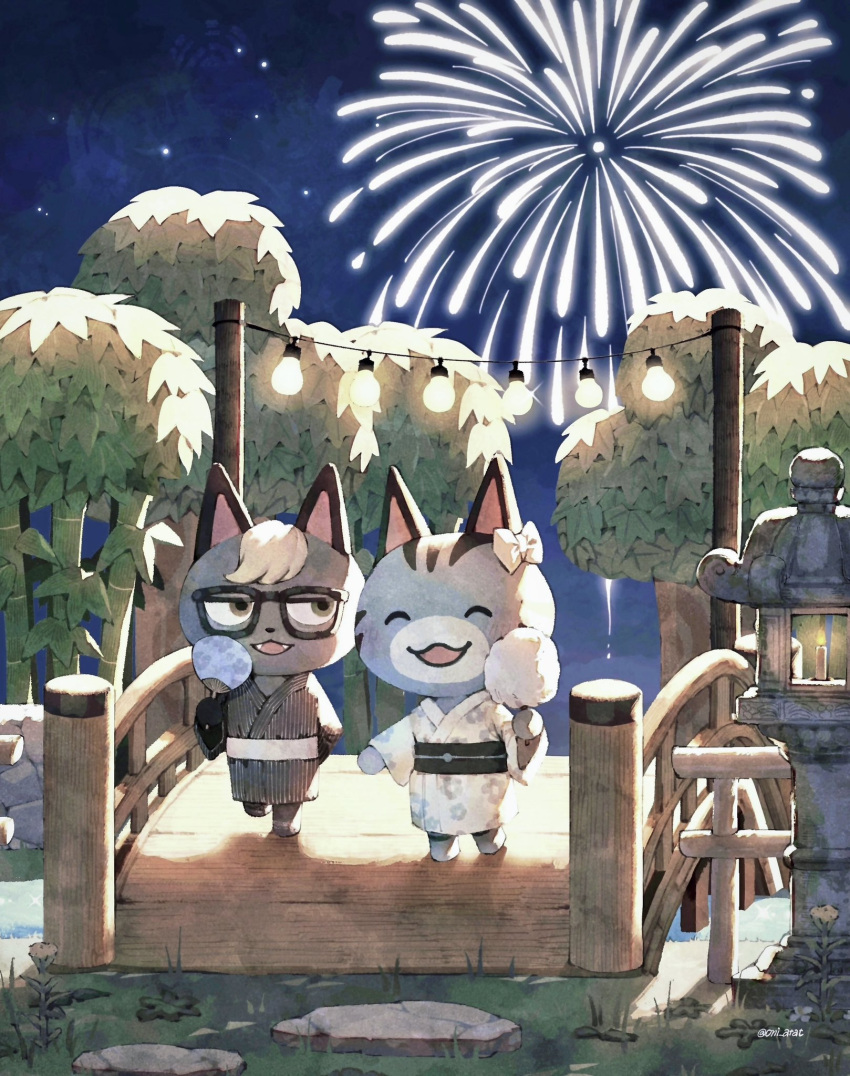 1boy, 1girl, :d, ^_^, aerial_fireworks, animal_crossing, arch_bridge, artist_name