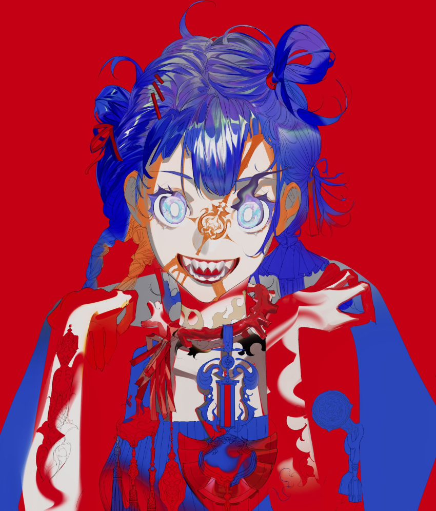 1girl, amulet, arm_tattoo, blood, blue_eyes, blue_hair, bow, chest_tattoo