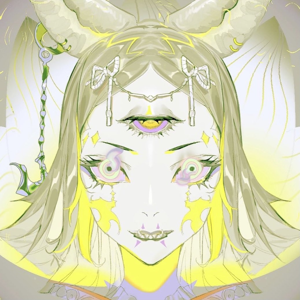 1girl, blonde_hair, bow, closed_mouth, extra_eyes, eyelashes, facial_mark, facial_tattoo