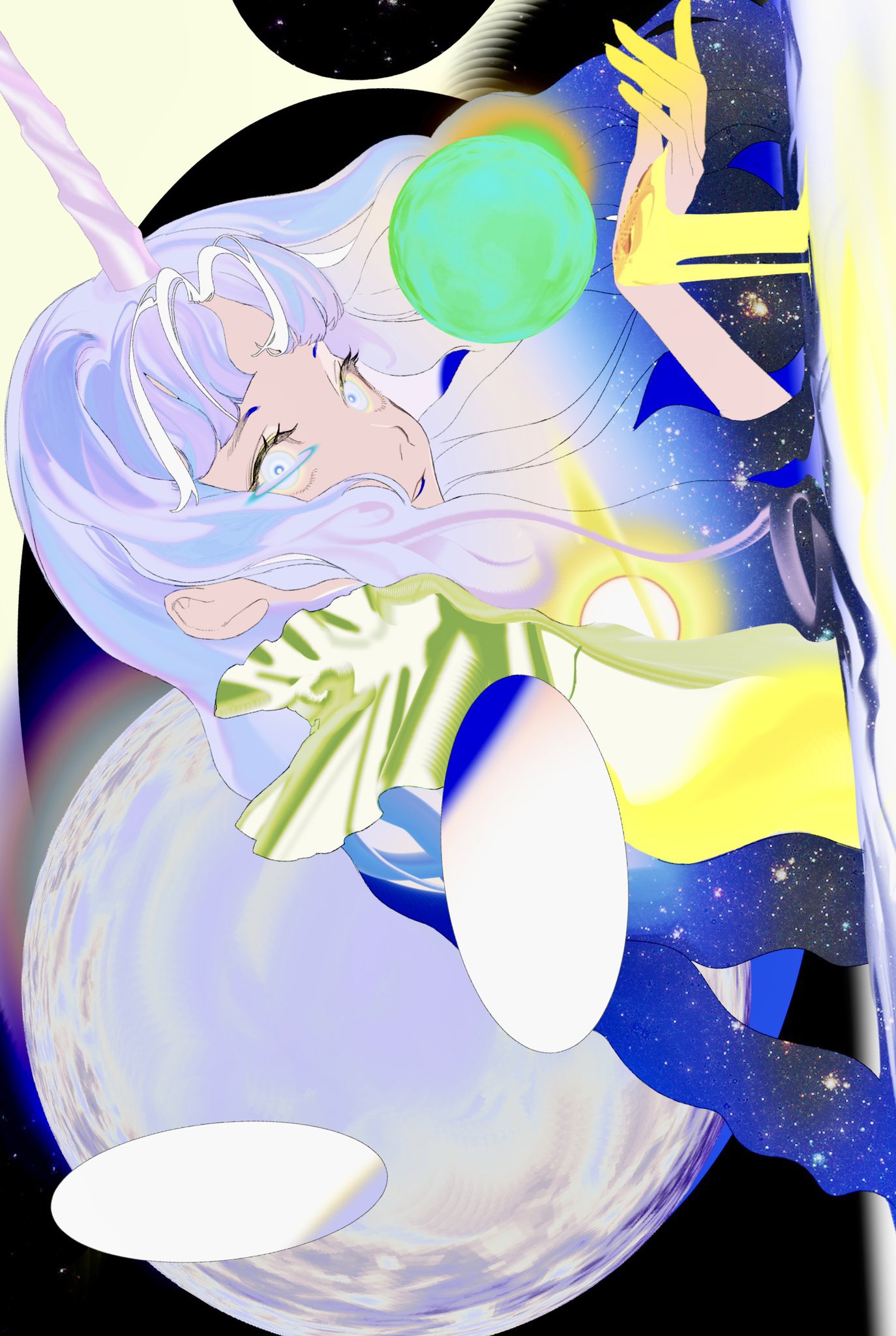 1girl, blue_eyes, colorful, highres, horns, ka9_qq, light_purple_hair, long_hair, long_sleeves, looking_at_viewer, moon, multicolored_eyes, multicolored_hair, original, parted_bangs, parted_lips, patterned_clothing, planet, sand, scarf, sidelocks, single_horn, solo, star_(sky), star_(symbol), sun, universe, upper_body, violet_eyes