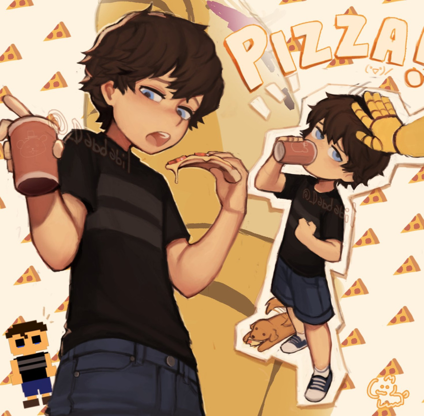 1boy, blue_shorts, brown_hair, crying_child_(fnaf), dabi_bill, five_nights_at_freddy's, five_nights_at_freddy's_4, food