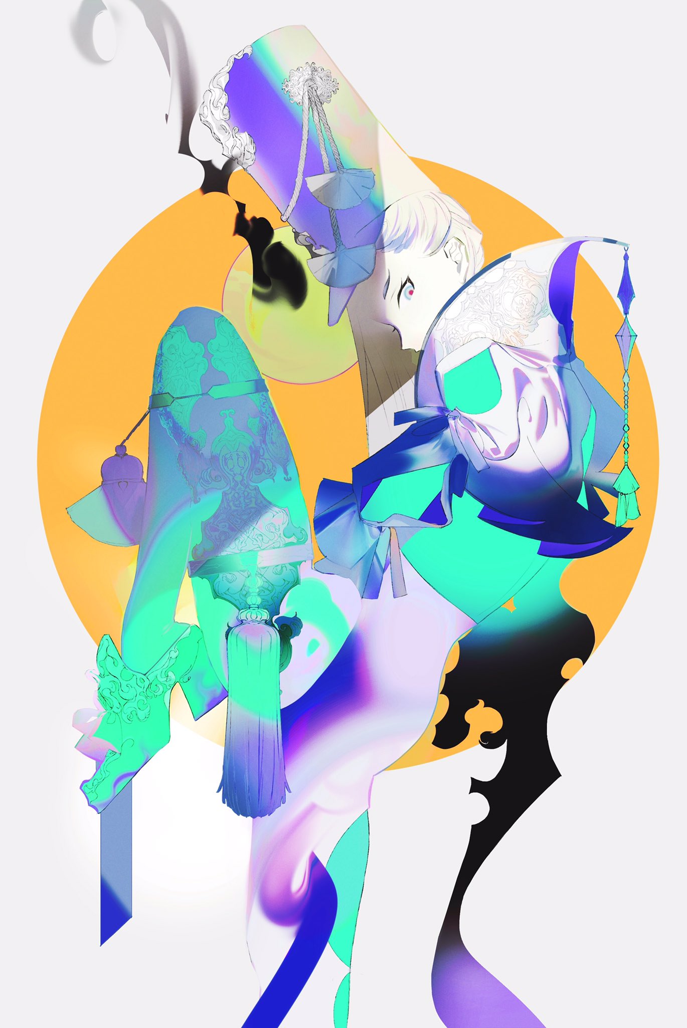 1girl, blue_eyes, dress, expressionless, floating, hat, high_heels, highres, ka9_qq, leg_tattoo, long_hair, looking_at_viewer, multicolored_eyes, original, patterned_clothing, red_pupils, serious, short_eyebrows, short_sleeves, simple_background, skirt, solo, tattoo, white_hair, white_headwear, white_skirt