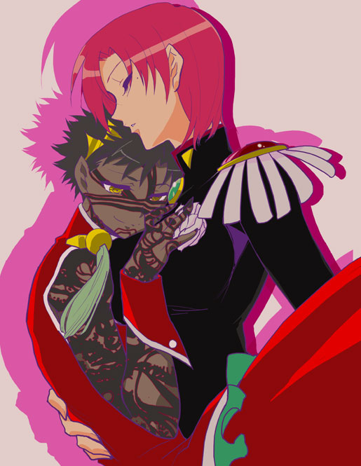 avenger, bazett_fraga_mcremitz, black_hair, cosplay, dark_skin, fate/stay_night, himemiya_anthy, himemiya_anthy_(cosplay), kifumi, parody, pink_hair, short_hair, shoujo_kakumei_utena, tattoo, tenjou_utena, tenjou_utena_(cosplay), violet_eyes