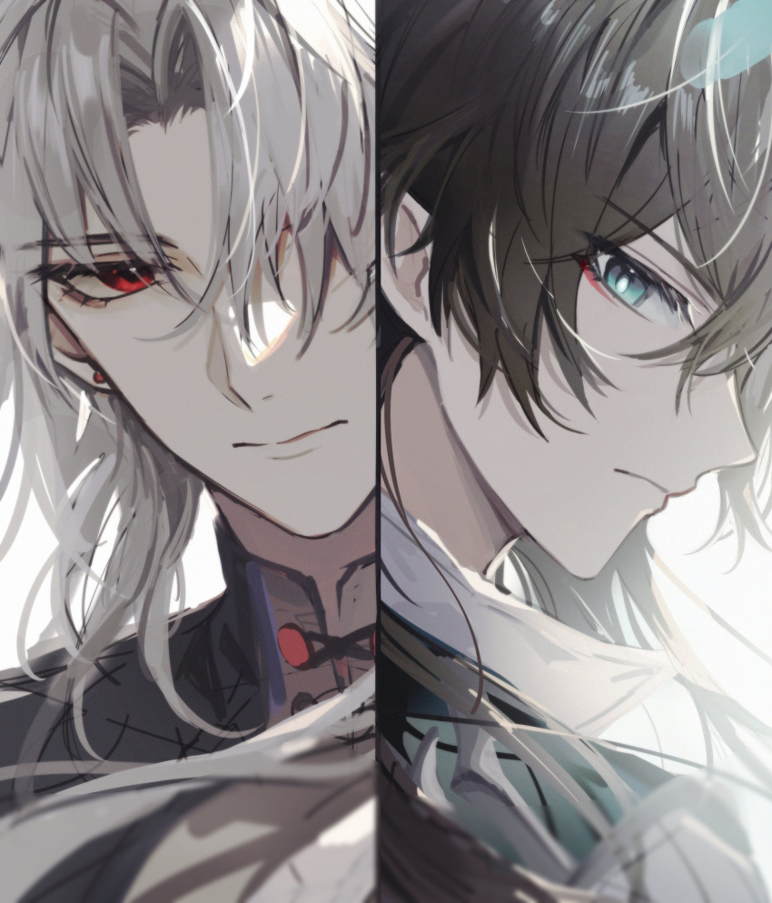 2boys, absurdres, alternate_hair_color, black_hair, blade_(honkai:_star_rail), blade_(honkai:_star_rail)_(cosplay), chinese_clothes, closed_mouth, cosplay, dan_heng_(honkai:_star_rail), dan_heng_(imbibitor_lunae)_(honkai:_star_rail), dragon_boy, dragon_horns, earrings, fractalmagnolia, green_eyes, green_horns, hair_over_one_eye, highres, honkai:_star_rail, honkai_(series), horns, jewelry, long_hair, looking_at_viewer, male_focus, multiple_boys, red_eyeliner, redhead, upper_body, white_hair