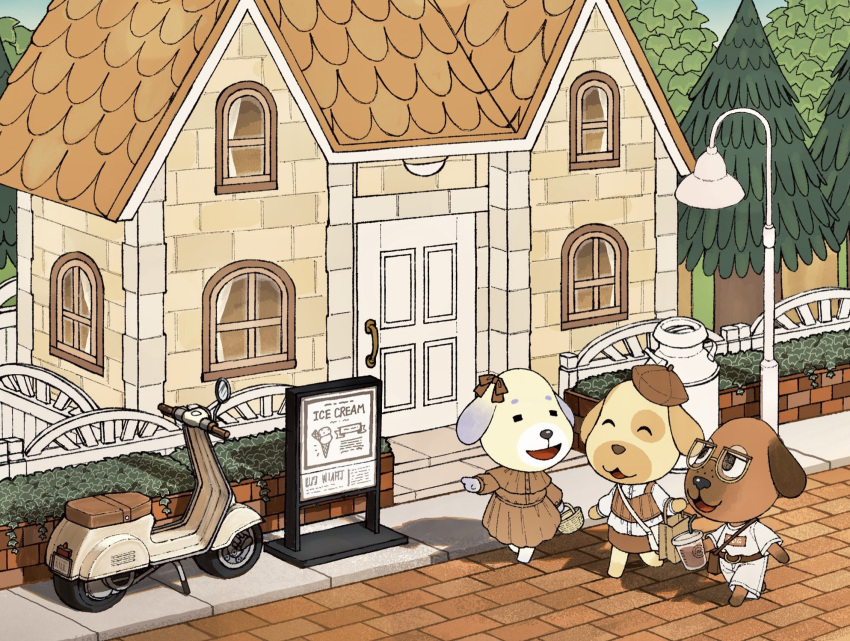 3girls, :d, ^_^, animal_crossing, bag, basket, bea_(animal_crossing), belt