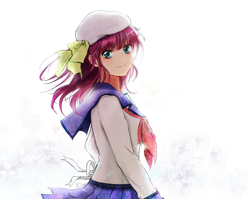 green_eyes, hat, kin'usagi, kinusagi, long_hair, looking_at_viewer, purple_hair, school_uniform, serafuku, solo, yuri_(angel_beats!)