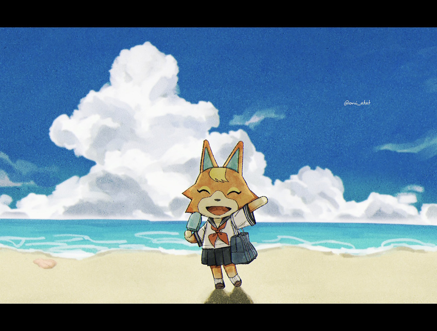 1girl, :d, ^_^, animal_crossing, arm_up, artist_name, audie_(animal_crossing), bag