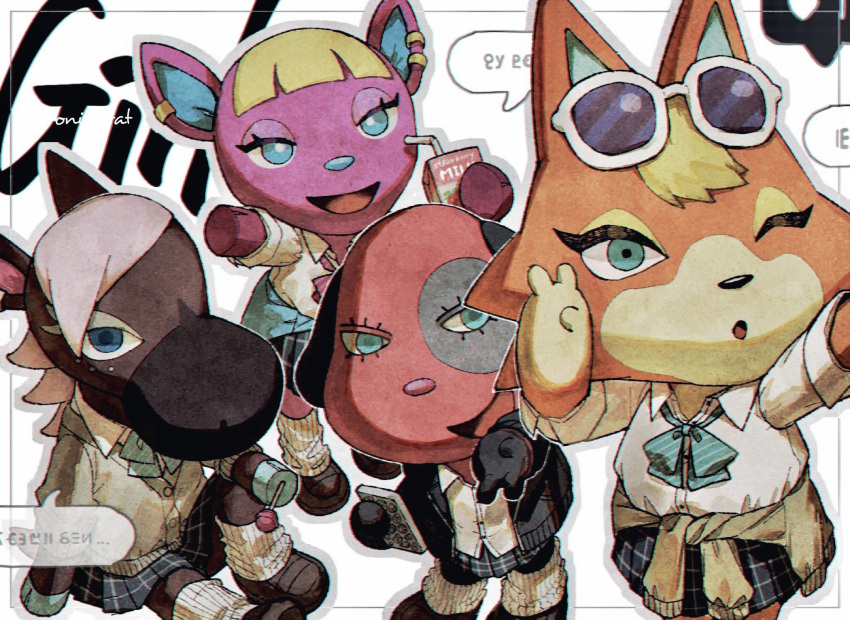 4girls, :d, ;o, animal_crossing, aqua_eyes, aqua_ribbon, arm_up, artist_name, audie_(animal_crossing), black_footwear, black_jacket, blue_eyes, blue_skirt, brown_cardigan, buttons, candy, cardigan, cardigan_around_waist, cellphone, cherry_(animal_crossing), clothes_around_waist, collared_shirt, commentary_request, deer_girl, dog_girl, drinking_straw, ear_piercing, eyelashes, eyewear_on_head, food, fox_girl, fuchsia_(animal_crossing), furry, furry_female, hand_up, highres, holding, holding_candy, holding_food, holding_lollipop, holding_phone, hooves, horse_girl, jacket, juice_box, kaji_(oni_atat), knee_up, lollipop, long_sleeves, looking_at_viewer, loose_socks, multiple_girls, neck_ribbon, one_eye_closed, open_clothes, open_jacket, open_mouth, phone, piercing, pink_ribbon, pleated_skirt, reneigh_(animal_crossing), ribbon, school_uniform, selfie, shirt, shoes, simple_background, sitting, skirt, sleeves_rolled_up, smartphone, smile, socks, speech_bubble, standing, sunglasses, twitter_username, v, white-framed_eyewear, white_background, white_shirt, white_socks, wing_collar