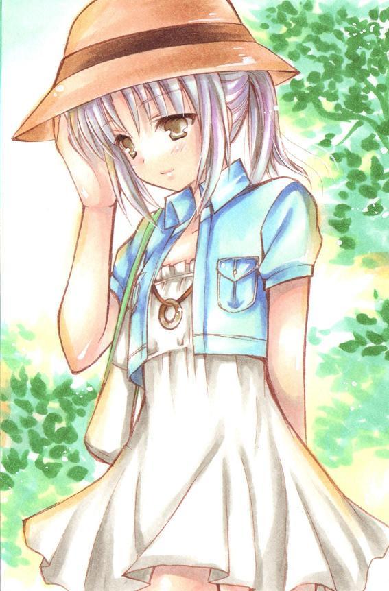 casual, colored_pencil_(medium), hat, ichigoho, ichigohou, jpeg_artifacts, marker_(medium), outdoors