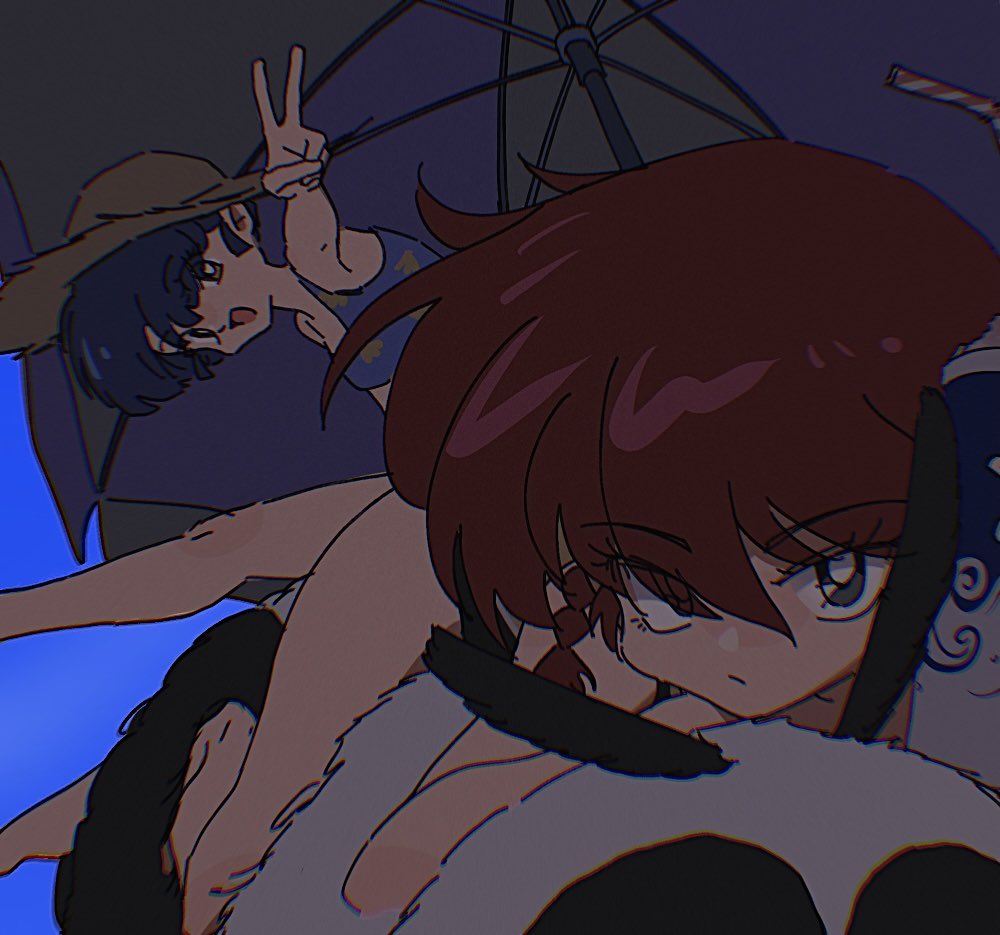 2girls, blue_background, blue_eyes, blue_hair, brown_hair, expressionless, hair_between_eyes, luuxiriver, multiple_girls, open_mouth, panda, ranma-chan, ranma_1/2, redhead, saotome_genma_(panda), simple_background, tendou_akane, v