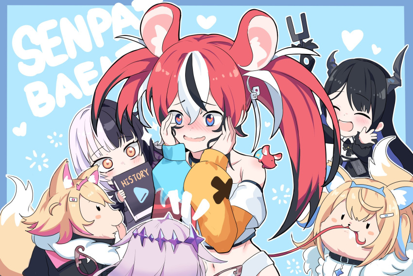 6+girls, aged_down, animal_ears, animalization, black_hair, blonde_hair, blue_background, blush