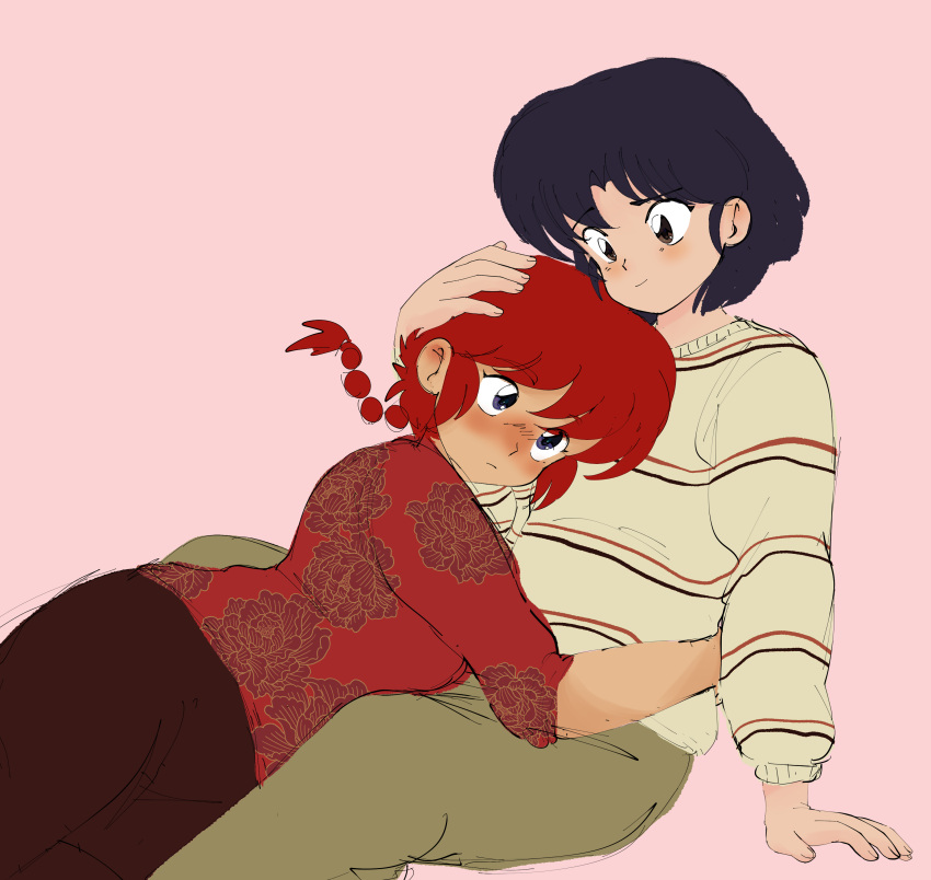2girls, absurdres, blue_eyes, blush, hair_between_eyes, highres, hug, light_smile, multiple_girls, pink_background, plushkaiju, ranma-chan, ranma_1/2, short_hair, simple_background, sweater, tendou_akane, yuri