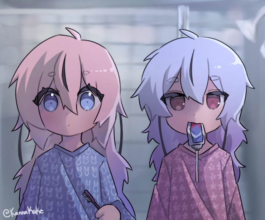 2girls, absurdres, ahoge, alternate_costume, bathroom, black_hair, blue_eyes, blue_hair