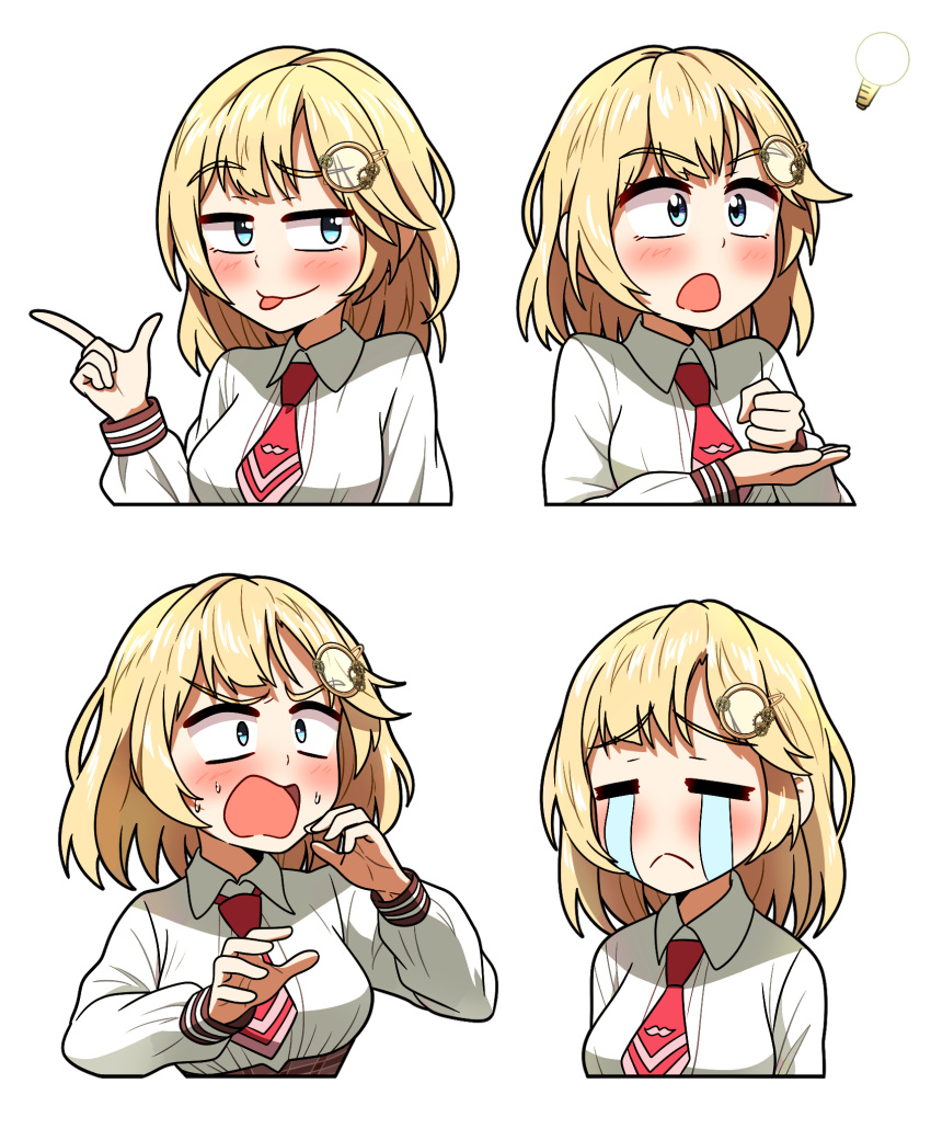 1girl, :p, blonde_hair, blue_eyes, blush, collared_shirt, commentary, cropped_torso