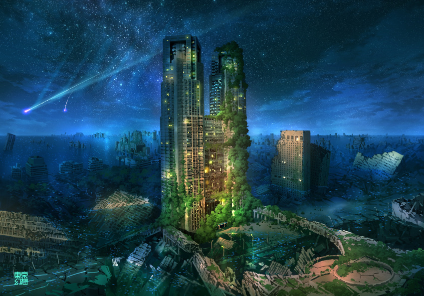 absurdres, artist_name, black_sky, building, commentary_request, highres, horizon, meteor