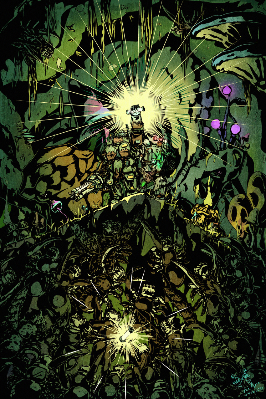 2boys, cave, claws, commentary, commission, dated, deep_rock_galactic, dwarf, emphasis_lines, engineer_(deep_rock_galactic), english_commentary, flare, full_body, gas_mask, gauntlets, glowing, glowing_eyes, gun, gunner_(deep_rock_galactic), hand_up, helmet, highres, holding, holding_tablet_pc, horror_(theme), leg_armor, light_rays, machine_gun, male_focus, mask, monster, multiple_boys, mushroom, muted_color, poster_(medium), razpaz, signature, standing, tablet_pc, teeth, weapon