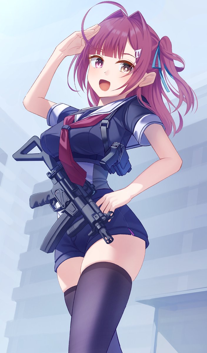 1girl, :d, ahoge, angel_ina, arm_up, black_serafuku, black_shirt, black_shorts