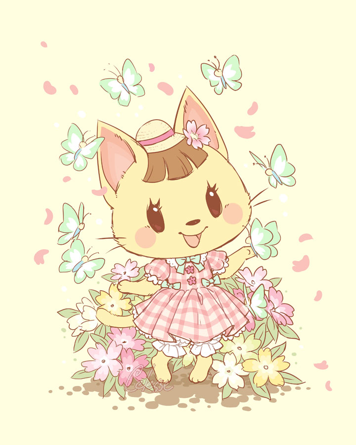 1girl, :d, animal_crossing, aqua_bow, aqua_bowtie, aqua_butterfly, artist_name, bloomers