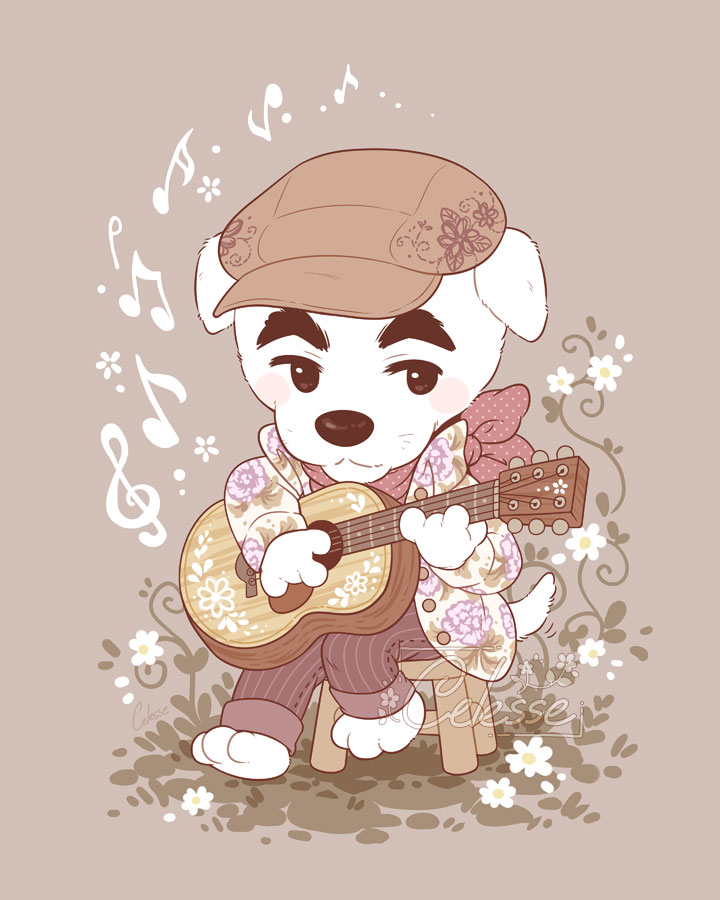 1boy, :3, acoustic_guitar, animal_crossing, artist_name, bandana, beamed_eighth_notes, blush