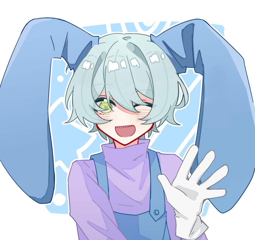 1boy, ;d, animal_ears, blue_hair, blue_overalls, commentary_request, eyes_visible_through_hair, gloves