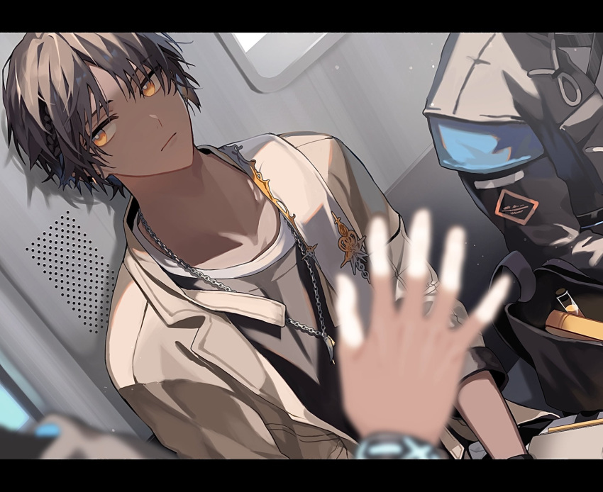 1boy, 1other, against_wall, arknights, armband, bag, black_hair, black_jacket