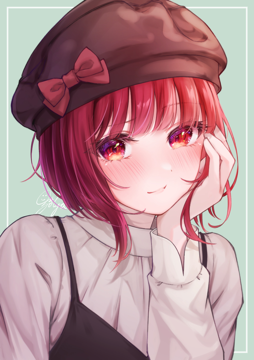1girl, arima_kana, blue_background, blush, bob_cut, brown_headwear, closed_mouth, duplicate