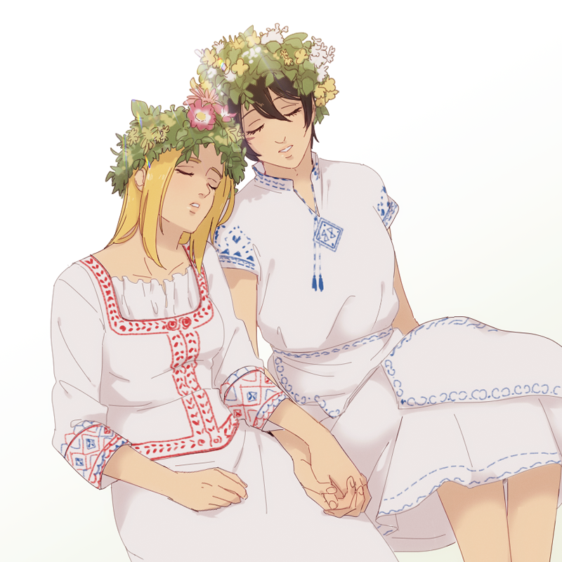 2girls, black_hair, blonde_hair, breasts, christa_renz, closed_eyes, dress, hanpetos