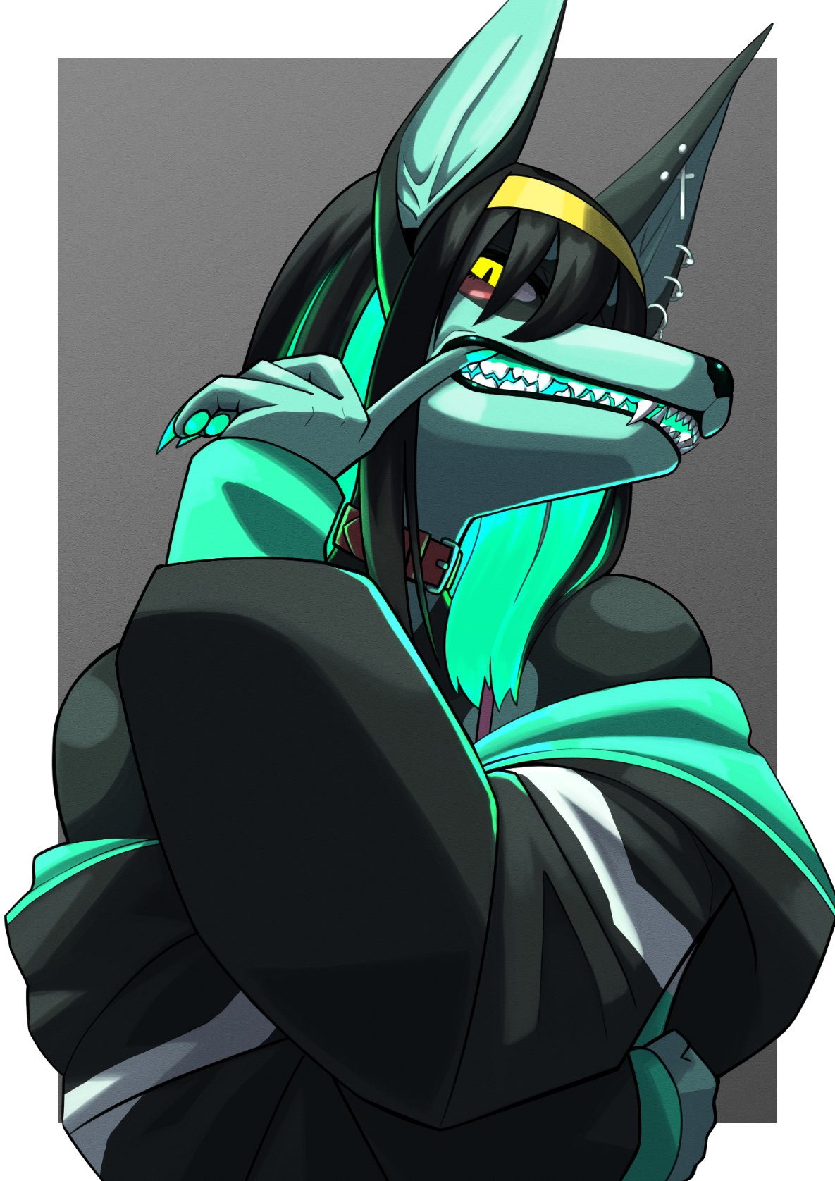 1girl, animal_ears, black_hair, black_jacket, bow_hairband, collar, colored_inner_hair, colored_skin
