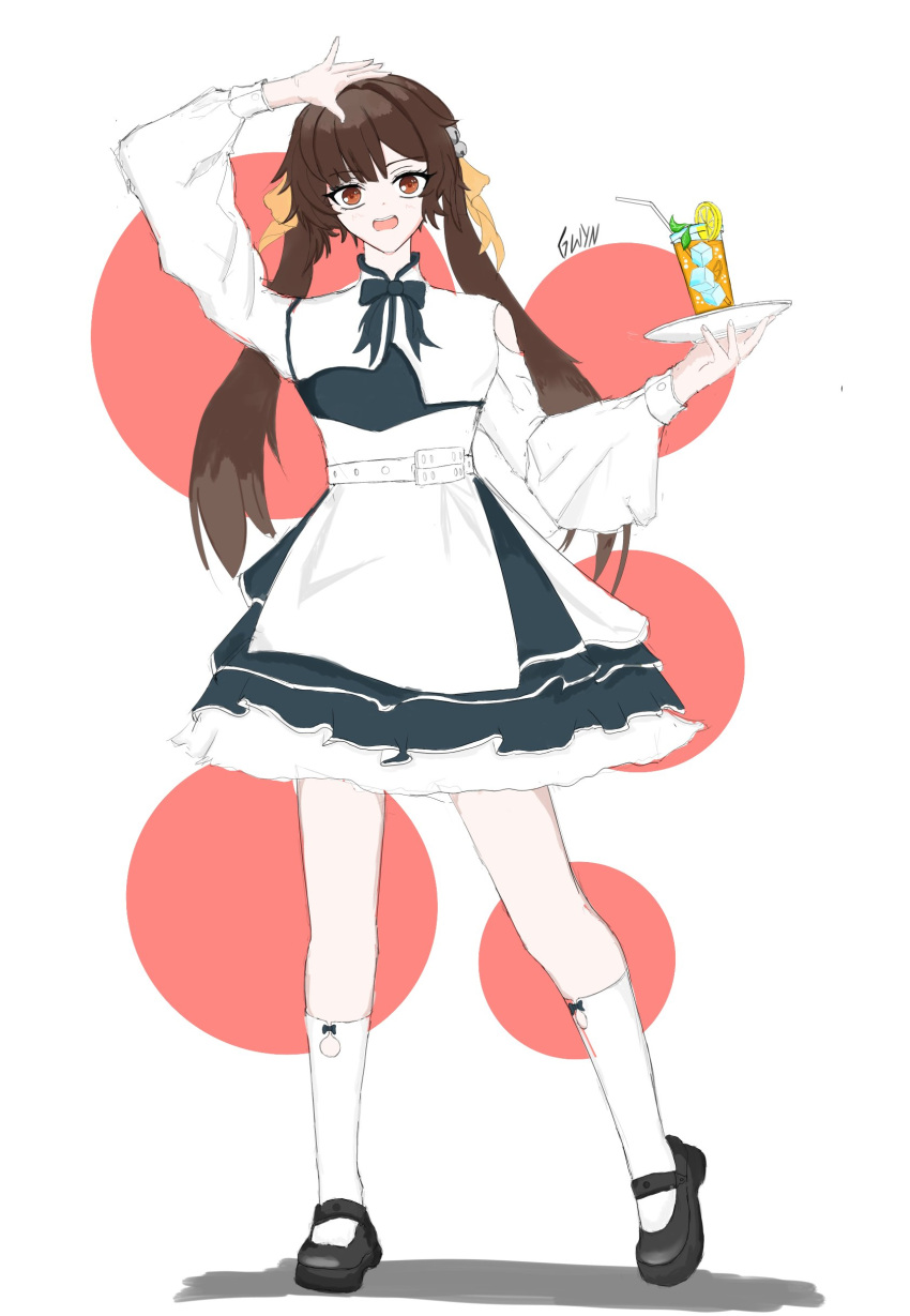1girl, absurdres, black_footwear, brown_hair, gwyn_rtrd, highres, honkai:_star_rail, honkai_(series), lemonade, skirt, standing, sushang_(honkai:_star_rail), thigh-highs, white_thighhighs, yellow_eyes