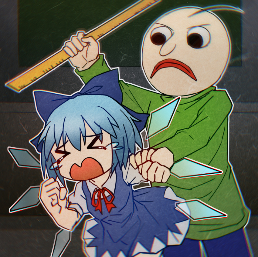 >o<, 1boy, 1girl, baldi, baldi's_basics, black_eyes, black_hair, blue_bow
