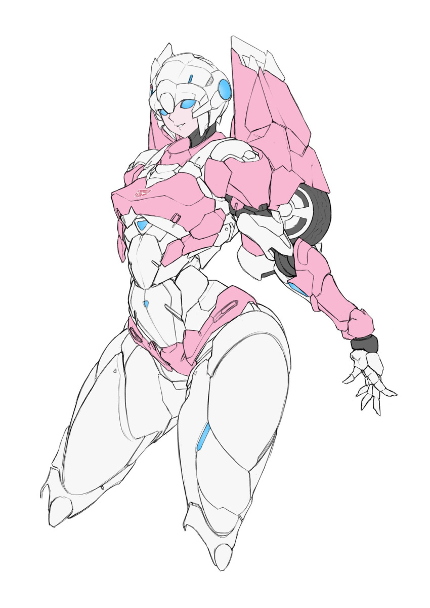1girl, android, arcee, axelnekokitty, backpack, bag, blue_eyes, breasts, curvy, flame_toys, flame_toys_arcee, helmet, highres, humanoid_robot, medium_breasts, panties, pink_panties, robot, science_fiction, simple_background, solo, thick_thighs, thighs, transformers, underwear, white_background
