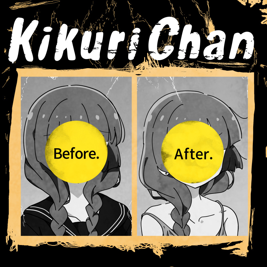 1girl, album_cover_redraw, before_and_after, bocchi_the_rock!, braid, censored, collarbone, derivative_work, dress, earrings, goumonsha, green_day, greyscale, highres, hiroi_kikuri, identity_censor, jewelry, long_hair, monochrome, portrait, school_uniform, single_braid, spot_color, stud_earrings, twin_braids