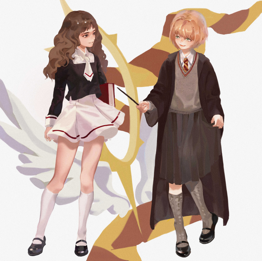 2girls, absurdres, arms_at_sides, black_coat, book, brown_hair, cardcaptor_sakura, carrying