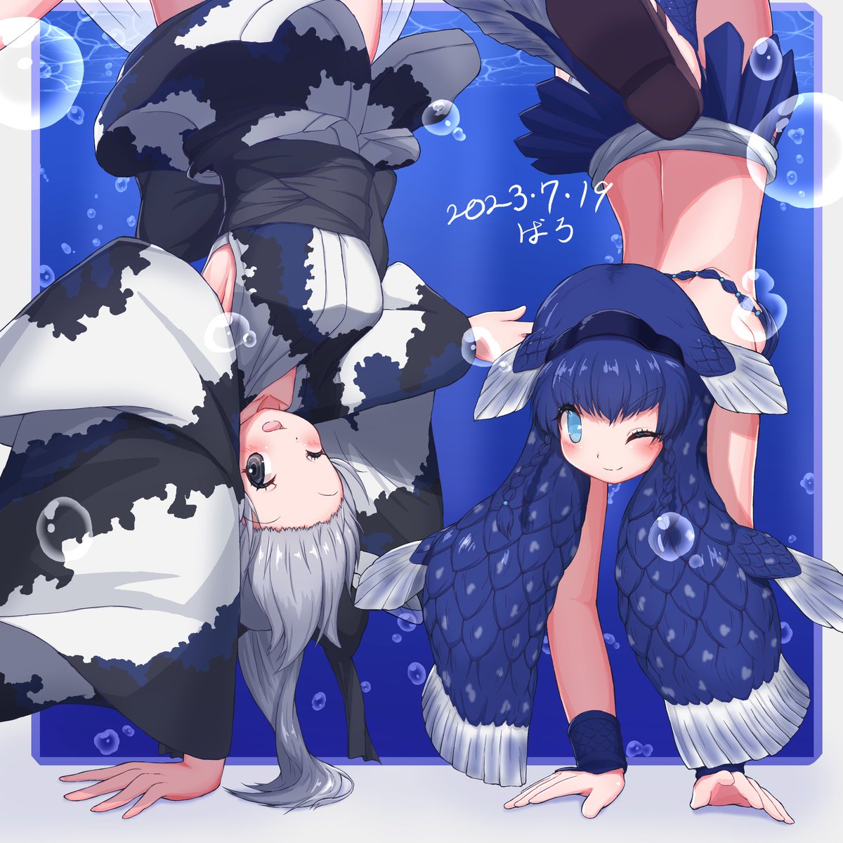 2girls, ;), ;d, air_bubble, arm_up, armpits, arms_up, back