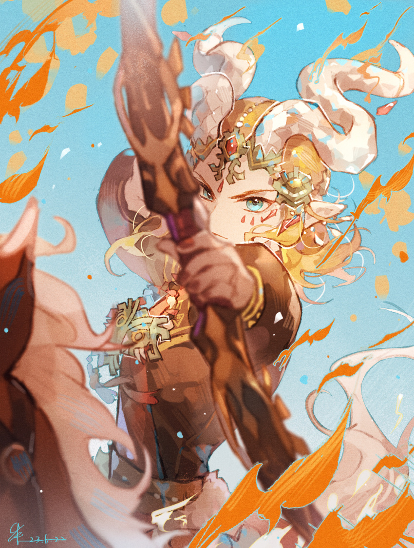 blue_eyes, blue_sky, bow_(weapon), ember_set_(zelda), fake_horns, fire, headdress, highres, holding, holding_bow_(weapon), holding_weapon, horns, horseback_archery, horseback_riding, kishi_(2861056838), light_brown_hair, link, looking_at_viewer, riding, sky, the_legend_of_zelda, the_legend_of_zelda:_tears_of_the_kingdom, weapon