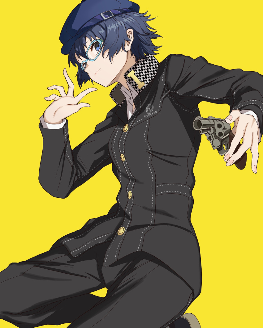 1girl, absurdres, black_jacket, black_pants, blue-framed_eyewear, blue_eyes, blue_hair, blue_headwear, buttons, cabbie_hat, closed_mouth, commentary, fingernails, gakuran, glasses, gun, hat, highres, holding, holding_gun, holding_weapon, jacket, long_sleeves, looking_at_viewer, pants, persona, persona_4, pink_nails, reverse_trap, s-m-53413, school_uniform, shirogane_naoto, short_hair, simple_background, solo, uniform, weapon, yasogami_school_uniform, yellow_background
