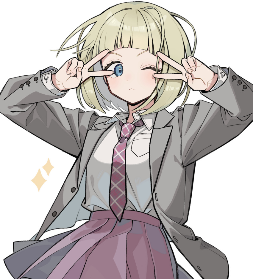 1girl, ;<, blazer, blonde_hair, blue_eyes, blunt_bangs, bob_cut, breast_pocket