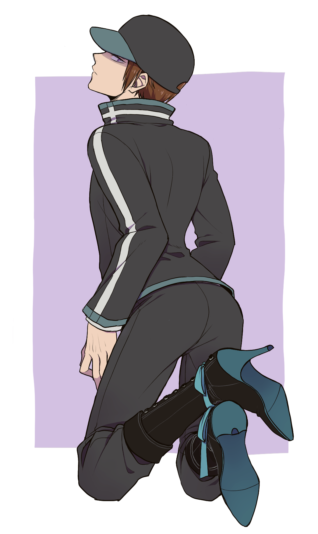 1boy, ankle_ribbon, aqua_ribbon, arafune_squad's_uniform, arafune_tetsuji, arched_back, ass, baseball_cap