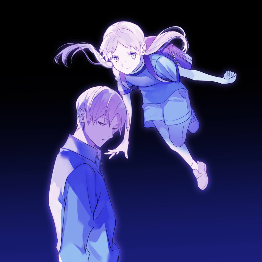 1boy, 1girl, amatori_rinji, backlighting, backpack, bag, blue_background, blue_theme