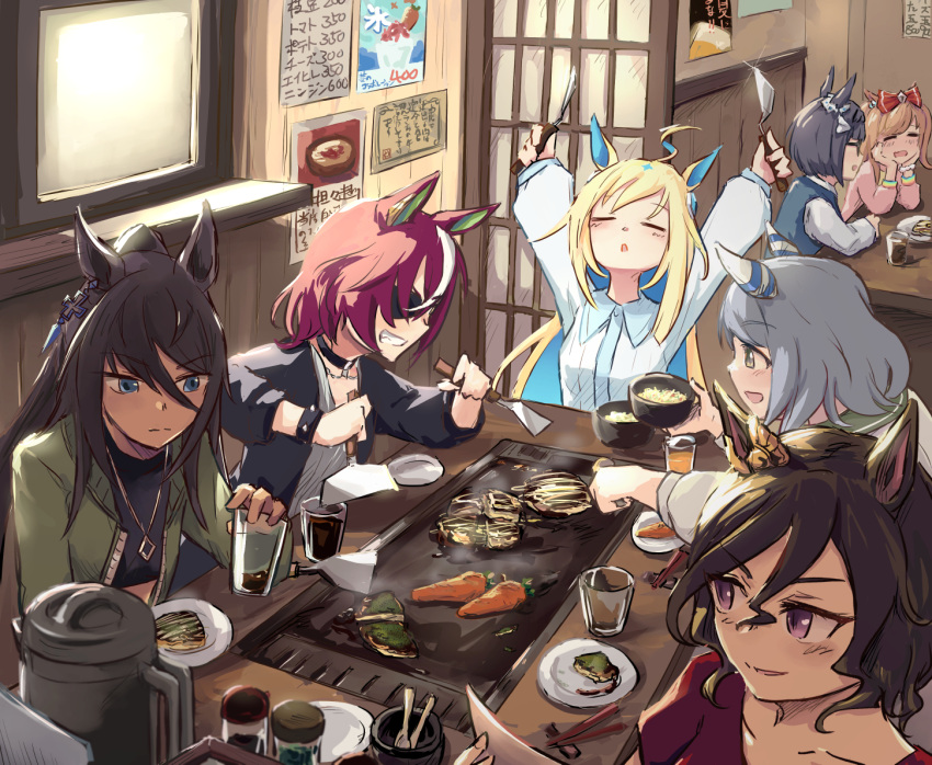 6+girls, =_=, agnes_digital_(umamusume), ahoge, animal_ears, arms_up, black-framed_eyewear, black_choker, black_hair, black_jacket, black_shirt, blonde_hair, blue_eyes, blue_hair, blue_vest, bow, brown_hair, carrot, choker, chopsticks, colored_inner_hair, cropped_shirt, cup, dark-skinned_female, dark_skin, earrings, eyepatch, facing_up, food, glasses, green_jacket, grey_hair, hair_between_eyes, hair_bow, hishi_miracle_(umamusume), holding, holding_cup, horse_ears, horse_girl, jacket, jewelry, long_hair, medium_hair, multicolored_hair, multiple_girls, necklace, neo_universe_(umamusume), okonomiyaki, pink_hair, pink_shirt, purple_hair, red_bow, red_shirt, shirt, short_hair, single_earring, sitting, streaked_hair, sweater_vest, swept_bangs, symboli_kris_s_(umamusume), tanino_gimlet_(umamusume), tap_dance_city_(umamusume), umamusume, umekobucha, vest, violet_eyes, white_hair, yellow_eyes, zenno_rob_roy_(umamusume)