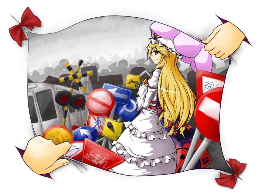 blonde_hair, bow, fourth_wall, gap, goatse, hair_bow, hands, hat, hat_ribbon, long_hair, looking_back, ok-desuka, profile, purple_eyes, railroad_crossing, ribbon, road_sign, sign, solo, touhou, train, umbrella, violet_eyes, yakumo_yukari
