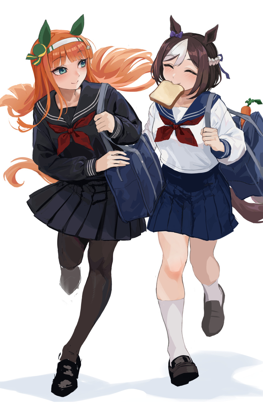 2girls, absurdres, alternate_costume, animal_ears, aqua_eyes, bag, benikirin, black_footwear