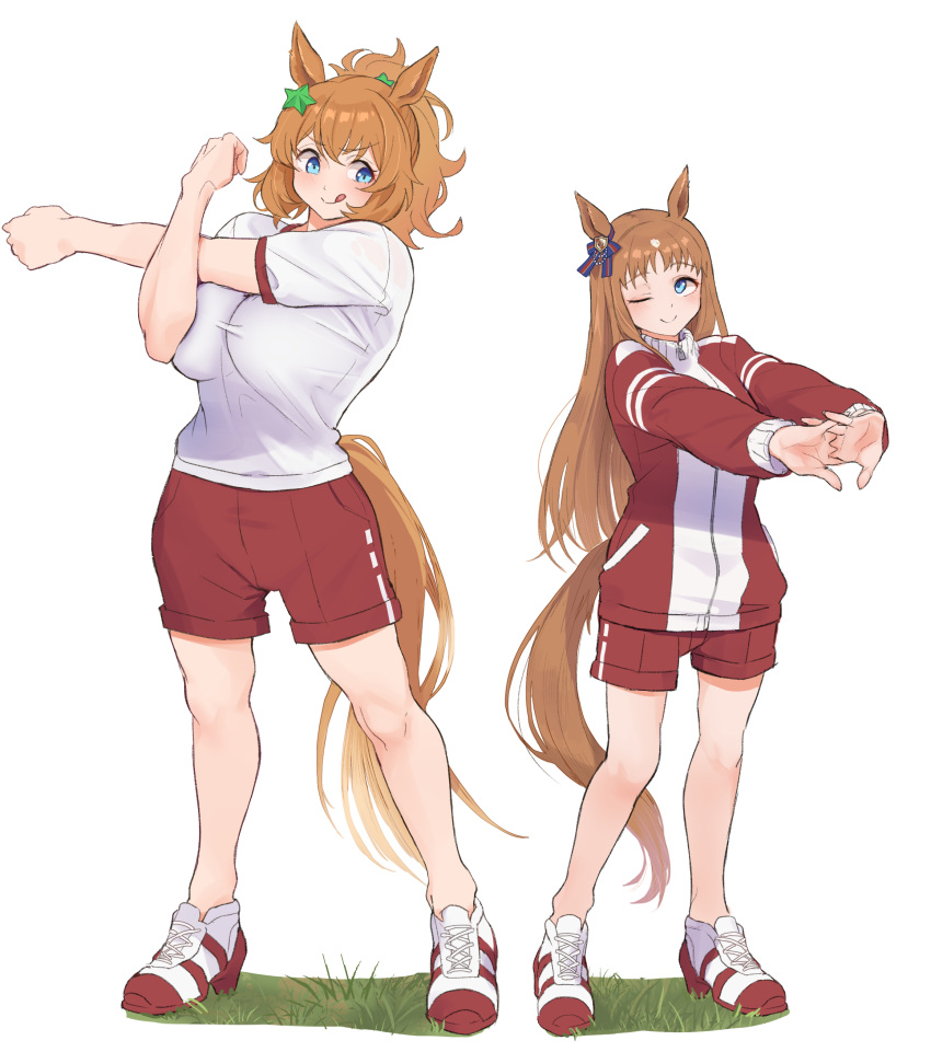 2girls, :d, ;), absurdres, animal_ears, benikirin, full_body, grass_wonder_(umamusume), gym_uniform, highres, horse_ears, horse_girl, horse_tail, looking_at_another, multiple_girls, one_eye_closed, ponytail, simple_background, size_difference, smile, stretching, taiki_shuttle_(umamusume), tail, tracen_training_uniform, umamusume, white_background